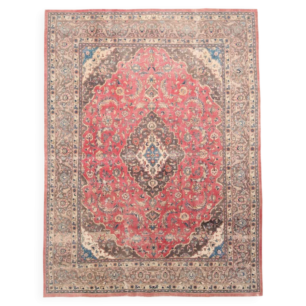 Tapis persan vintage en laine noué main, rouge, motifs floraux, 291x384 cm