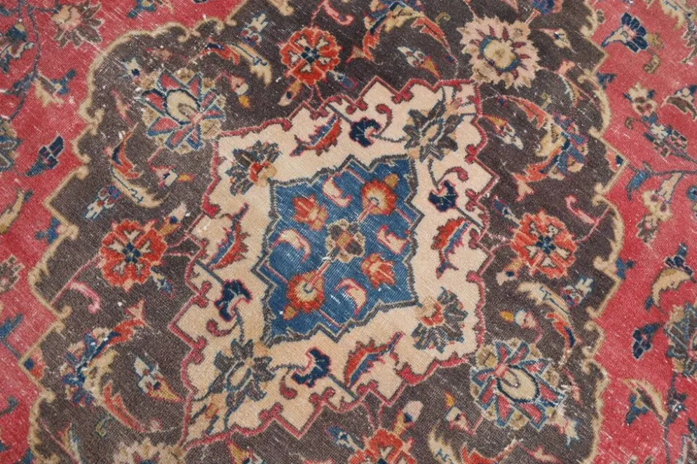 Tapis persan vintage en laine noué main, rouge, motifs floraux, 291x384 cm