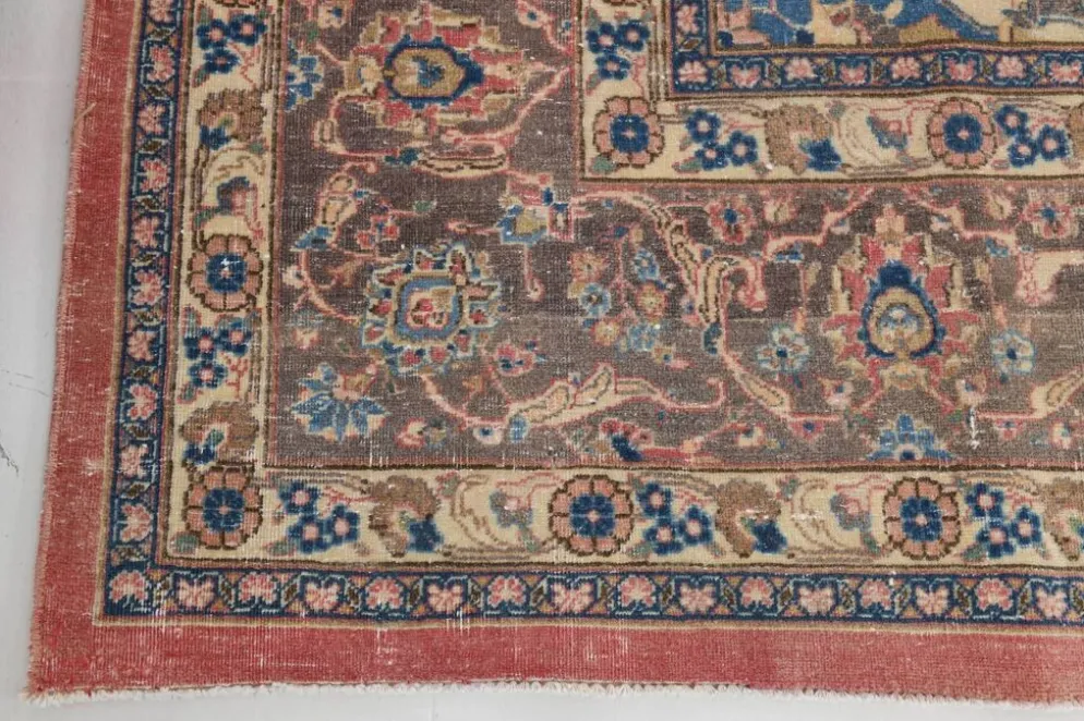 Tapis persan vintage en laine noué main, rouge, motifs floraux, 291x384 cm