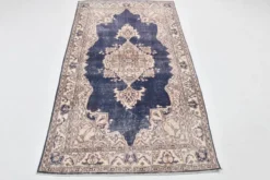 Tapis persan vintage en laine beige et bleu 4x7, tissé à la main, 116x198 cm