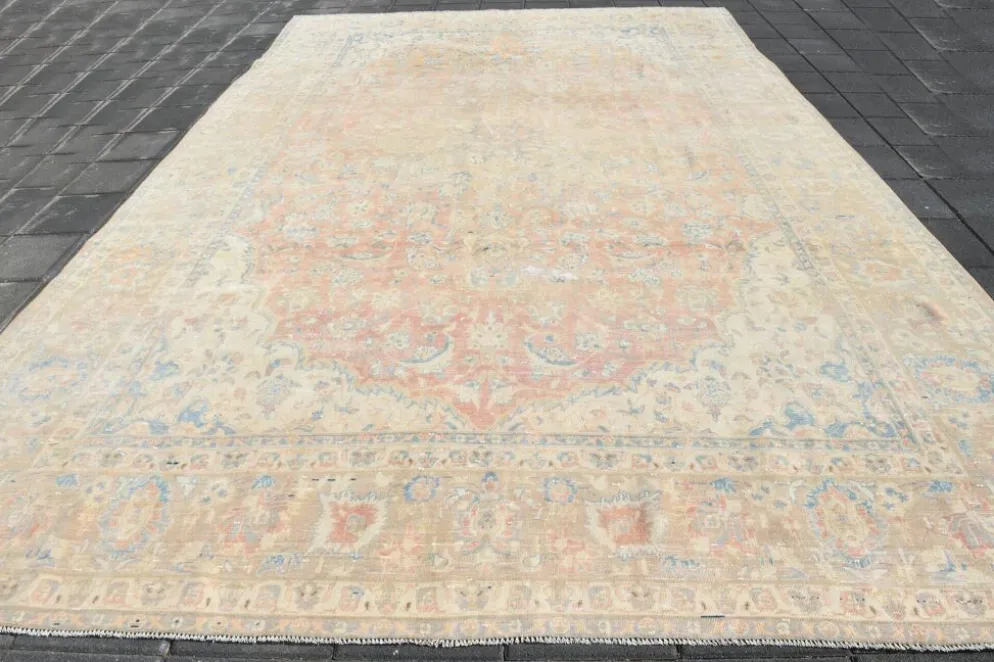 Tapis persan vintage large en nuances de rose, tapis noué à la main, 282x426 cm