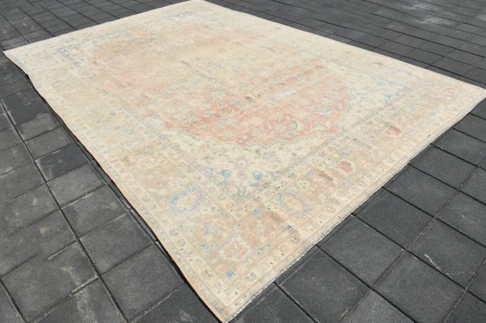 Tapis persan vintage large en nuances de rose, tapis noué à la main, 282x426 cm