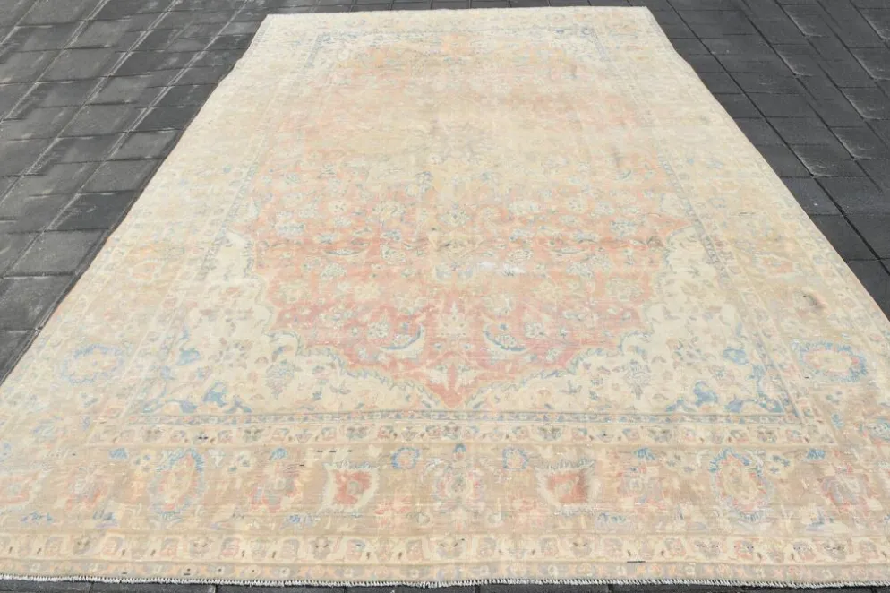 Tapis persan vintage large en nuances de rose, tapis noué à la main, 282x426 cm