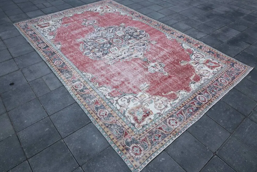 Tapis persan vintage rouge brique, tapis oriental noué à la main, 209x325 cm