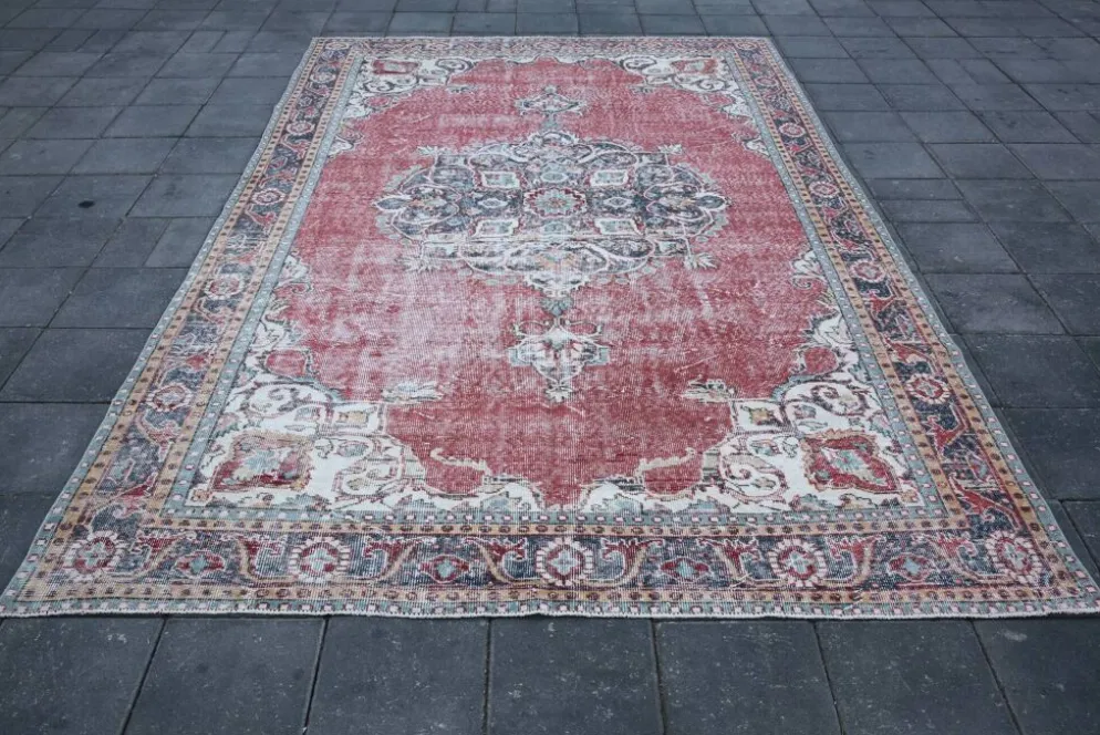 Tapis persan vintage rouge brique, tapis oriental noué à la main, 209x325 cm