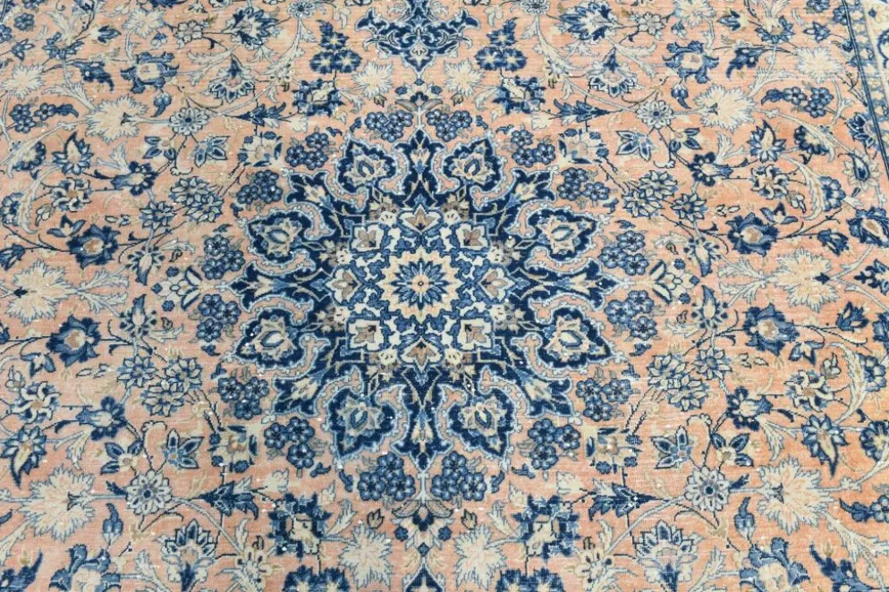 Tapis persan vintage tissé main, motif floral, laine beige et bleu, 301x414 cm
