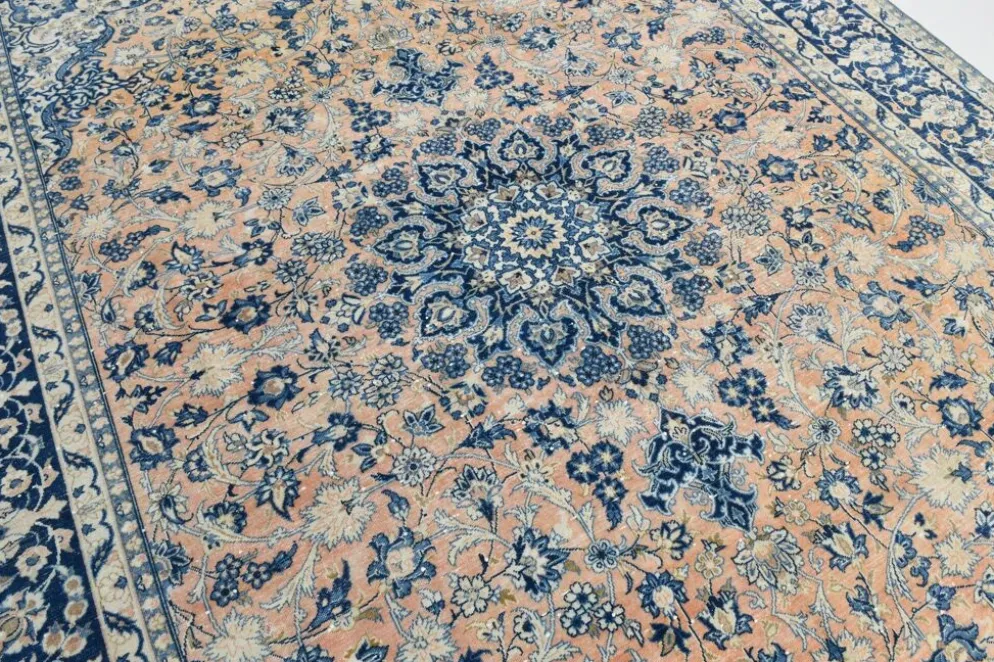 Tapis persan vintage tissé main, motif floral, laine beige et bleu, 301x414 cm