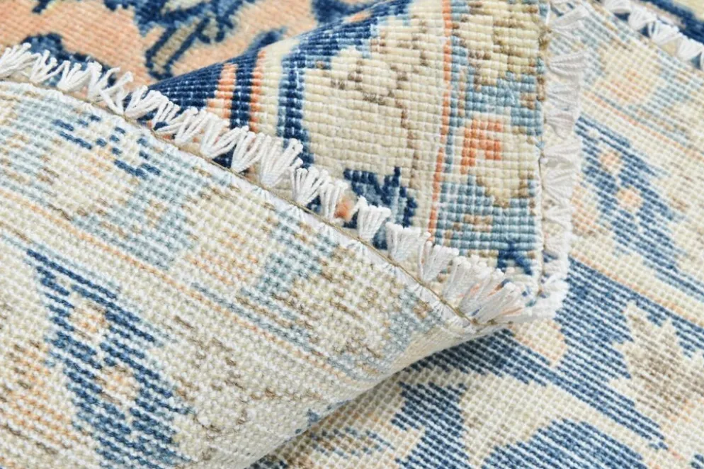 Tapis persan vintage tissé main, motif floral, laine beige et bleu, 301x414 cm