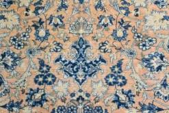 Tapis persan vintage tissé main, motif floral, laine beige et bleu, 301x414 cm