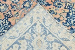 Tapis persan vintage tissé main, motif floral, laine beige et bleu, 301x414 cm