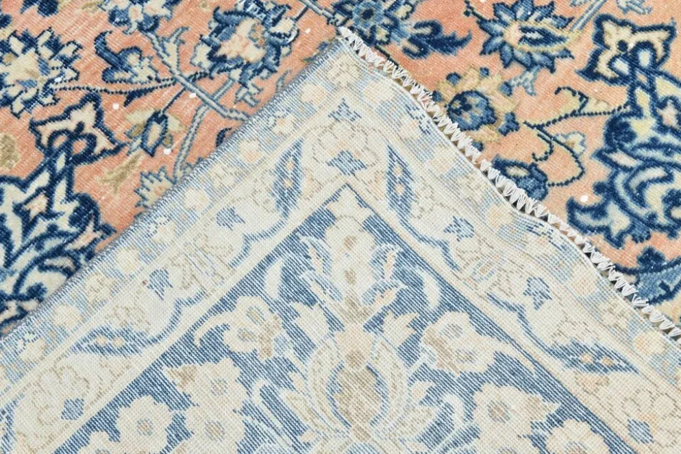 Tapis persan vintage tissé main, motif floral, laine beige et bleu, 301x414 cm