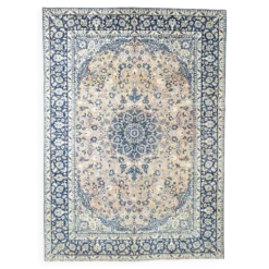 Tapis persan vintage tissé main, motif floral, laine beige et bleu, 301x414 cm