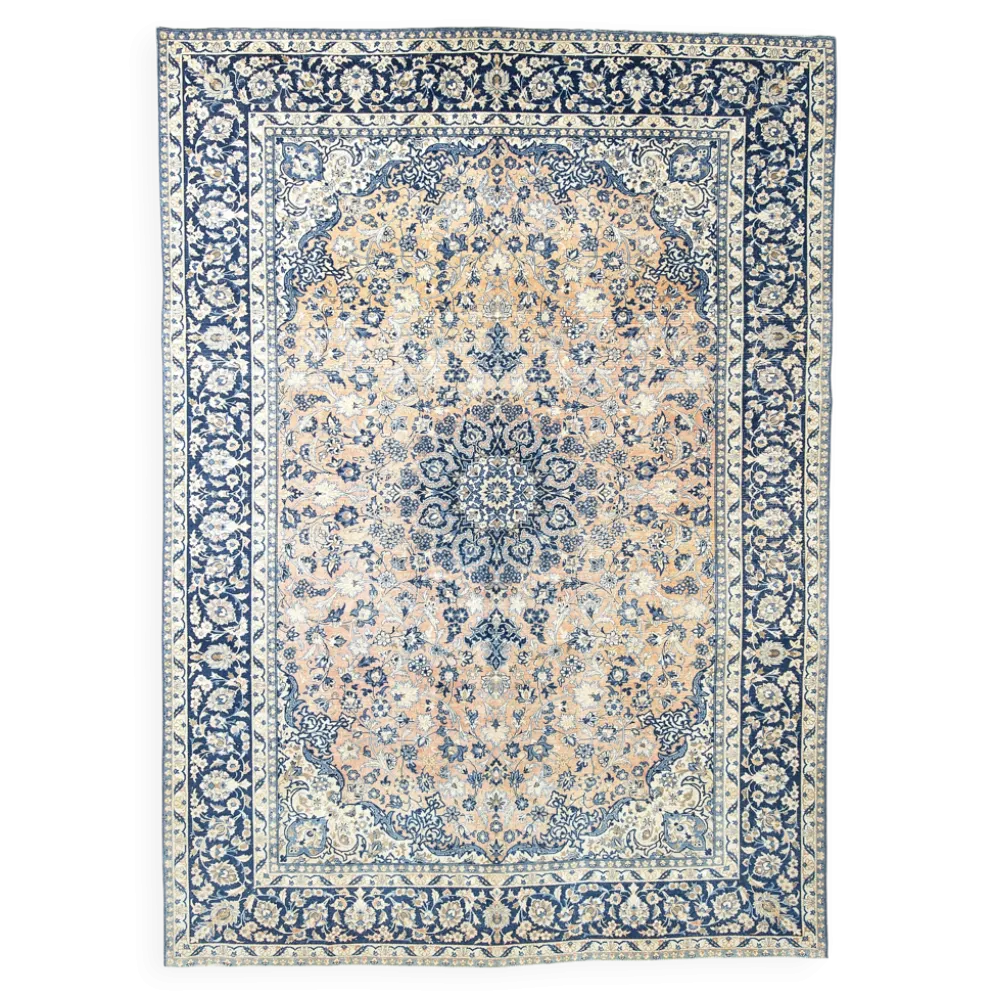Tapis persan vintage tissé main, motif floral, laine beige et bleu, 301x414 cm