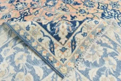 Tapis persan vintage tissé main, motif floral, laine beige et bleu, 301x414 cm