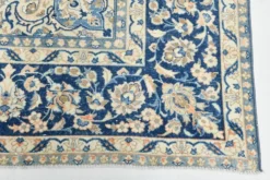 Tapis persan vintage tissé main, motif floral, laine beige et bleu, 301x414 cm