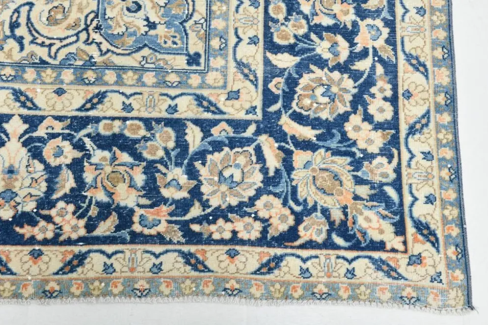 Tapis persan vintage tissé main, motif floral, laine beige et bleu, 301x414 cm