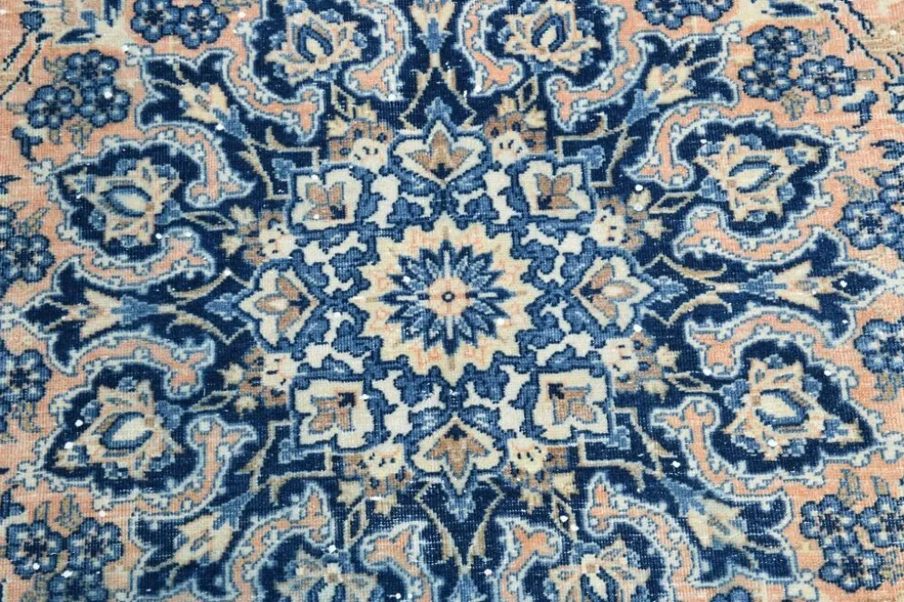 Tapis persan vintage tissé main, motif floral, laine beige et bleu, 301x414 cm