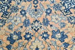 Tapis persan vintage tissé main, motif floral, laine beige et bleu, 301x414 cm