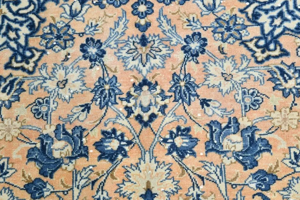 Tapis persan vintage tissé main, motif floral, laine beige et bleu, 301x414 cm