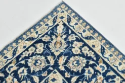 Tapis persan vintage tissé main, motif floral, laine beige et bleu, 301x414 cm