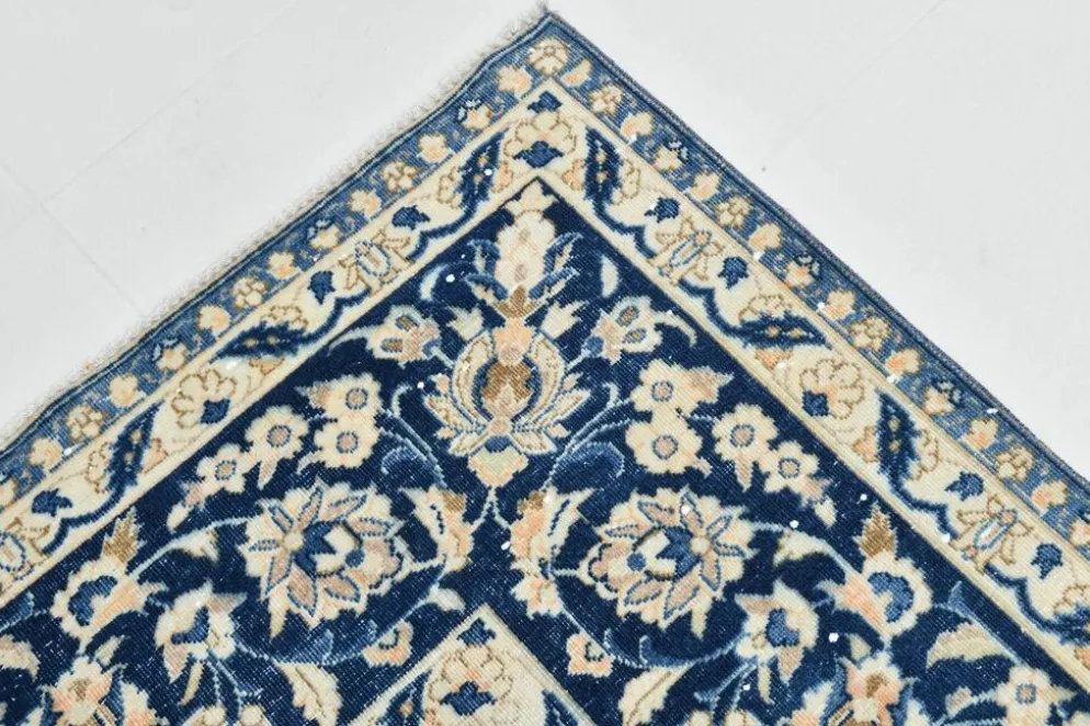 Tapis persan vintage tissé main, motif floral, laine beige et bleu, 301x414 cm
