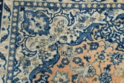 Tapis persan vintage tissé main, motif floral, laine beige et bleu, 301x414 cm