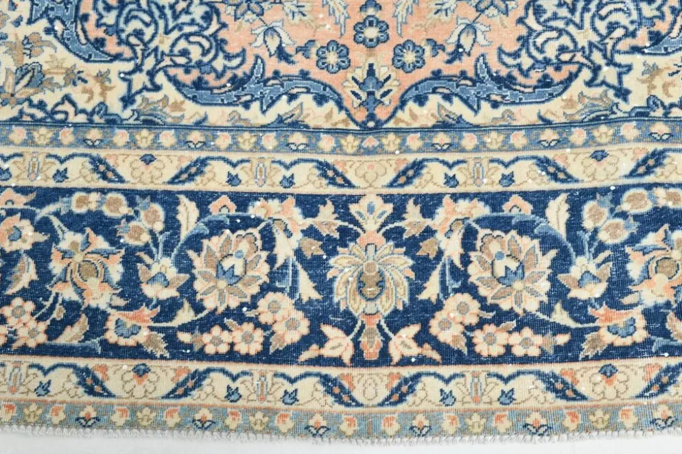 Tapis persan vintage tissé main, motif floral, laine beige et bleu, 301x414 cm