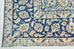 Tapis persan vintage tissé main, motif floral, laine beige et bleu, 301x414 cm