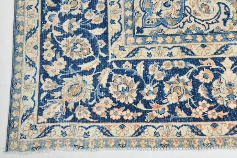 Tapis persan vintage tissé main, motif floral, laine beige et bleu, 301x414 cm