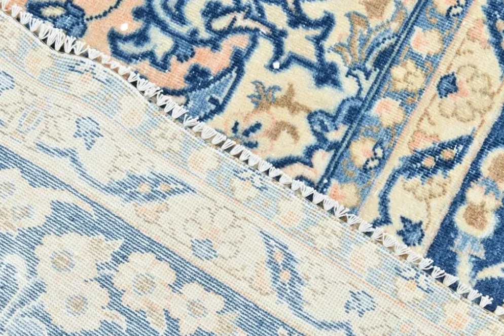 Tapis persan vintage tissé main, motif floral, laine beige et bleu, 301x414 cm