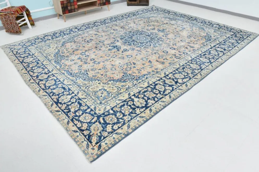 Tapis persan vintage tissé main, motif floral, laine beige et bleu, 301x414 cm