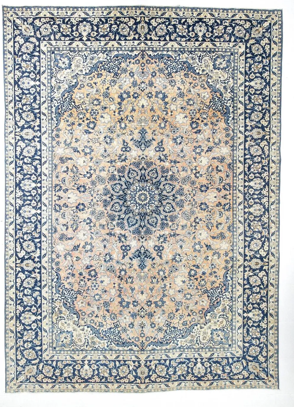 Tapis persan vintage tissé main, motif floral, laine beige et bleu, 301x414 cm