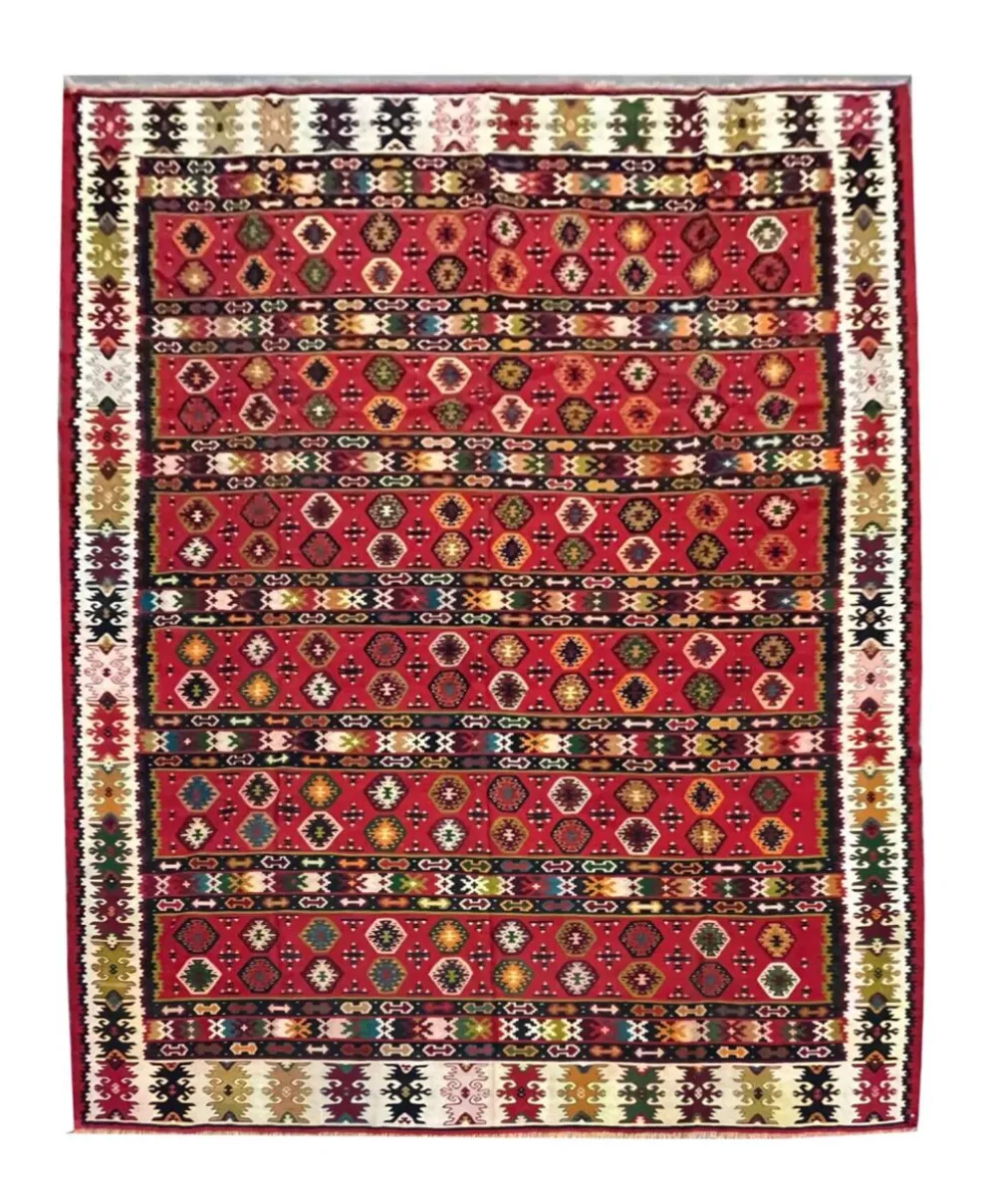 Tapis plat tissé à la main en kilim pirot turc antique à rayures rouges