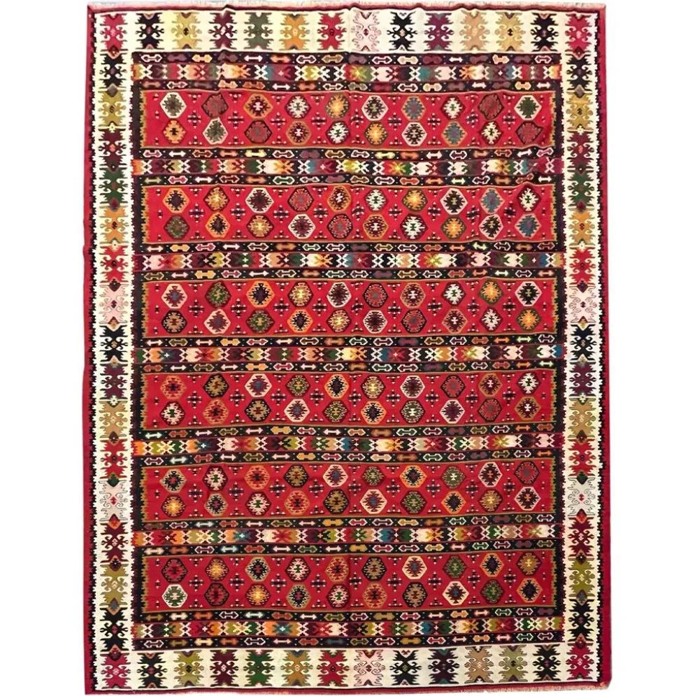 Tapis plat tissé à la main en kilim pirot turc antique à rayures rouges