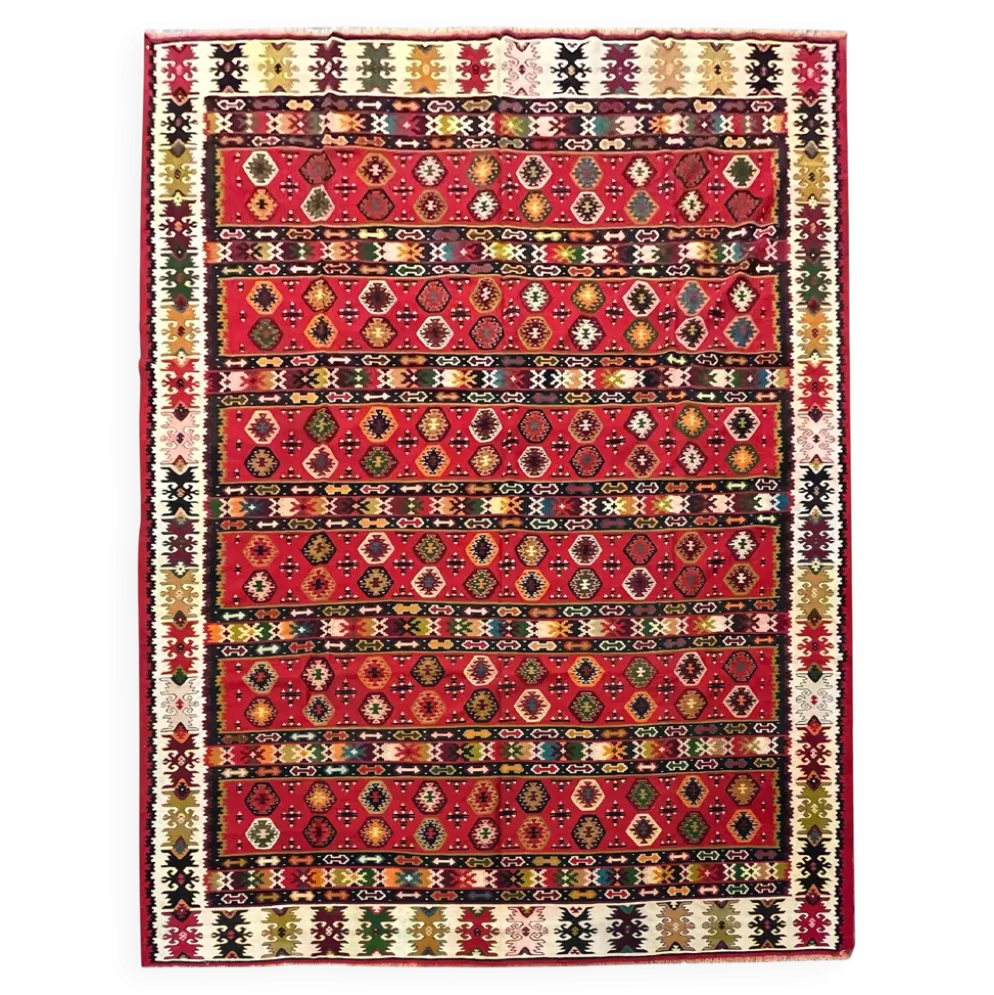 Tapis plat tissé à la main en kilim pirot turc antique à rayures rouges