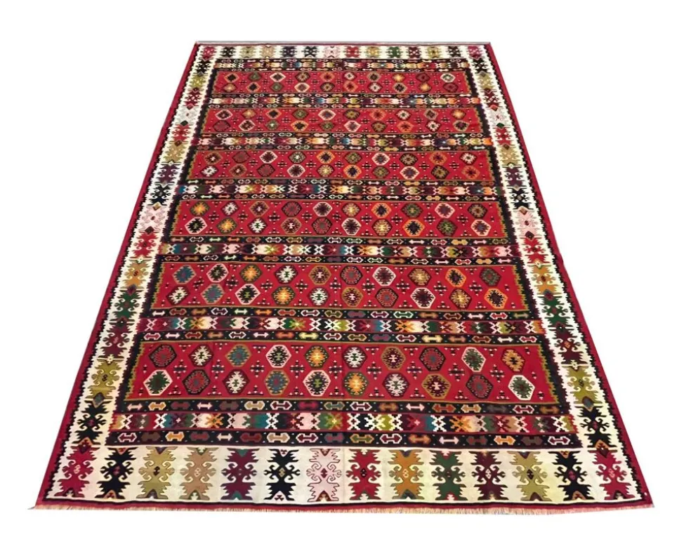 Tapis plat tissé à la main en kilim pirot turc antique à rayures rouges