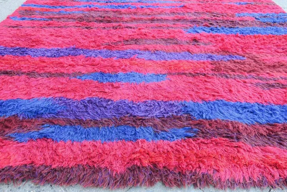 Tapis à poils longs noué à la main du milieu du siècle par Walter Mack, labelle - années 1960