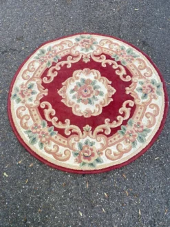 Tapis rond en laine style chinois/aubusson bordeaux et fleurs 115 cm