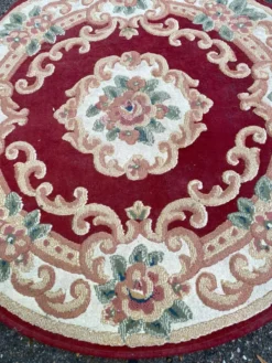 Tapis rond en laine style chinois/aubusson bordeaux et fleurs 115 cm