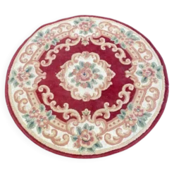 Tapis rond en laine style chinois/aubusson bordeaux et fleurs 115 cm
