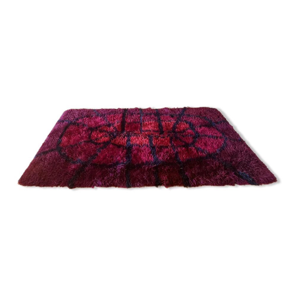 Tapis Rya Bordeaux Rouge Mid-Century Modern par Gull-Britt Johansson pour NIAB, Suède