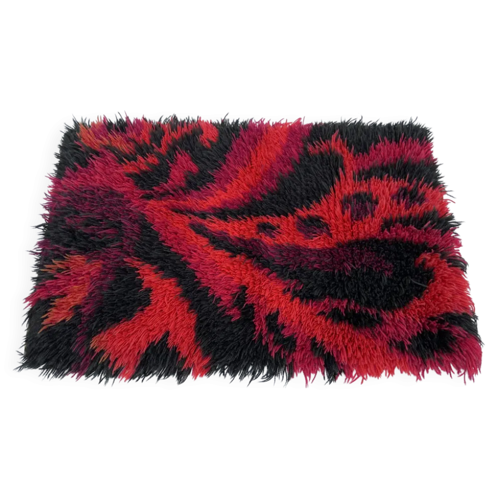 Tapis Rya en laine tissé à la main, design scandinave rouge vintage, années 1970