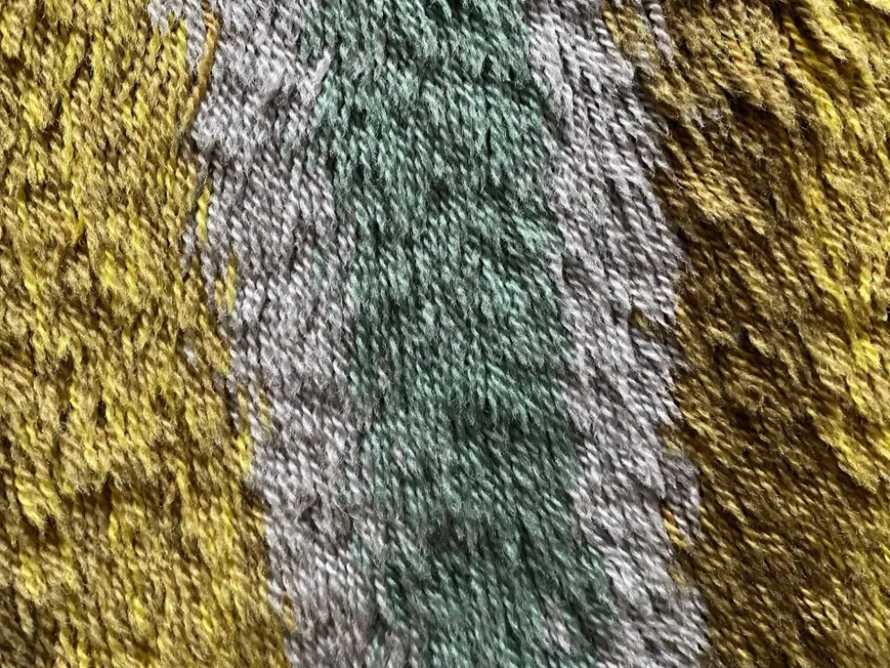 Tapis Rya à poils longs, jaune, aquamarine et gris, style mid-century modern, Suède, années 1960.