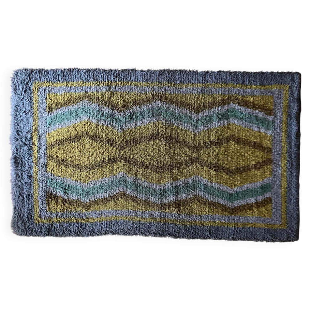 Tapis Rya à poils longs, jaune, aquamarine et gris, style mid-century modern, Suède, années 1960.