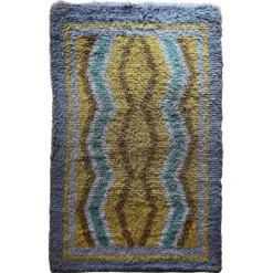 Tapis Rya à poils longs, jaune, aquamarine et gris, style mid-century modern, Suède, années 1960.