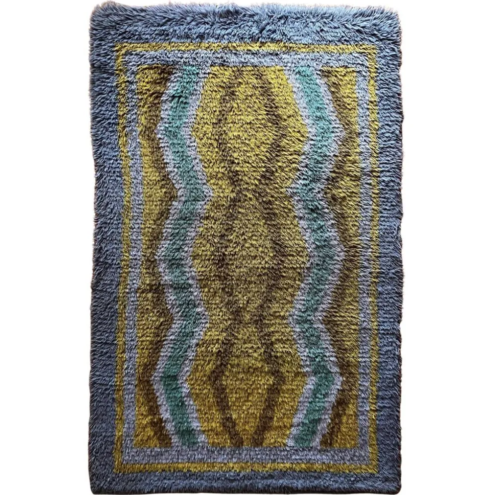 Tapis Rya à poils longs, jaune, aquamarine et gris, style mid-century modern, Suède, années 1960.