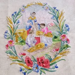 Tapisserie ancienne en point de croix et techniques mixtes : « La Moisson »