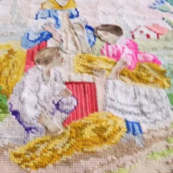 Tapisserie ancienne en point de croix et techniques mixtes : « La Moisson »
