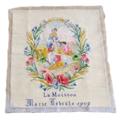 Tapisserie ancienne en point de croix et techniques mixtes : « La Moisson »