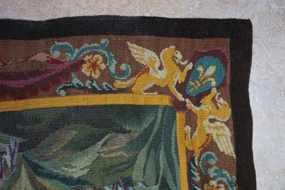 Tapisserie Aubusson française antique avec scène romantique